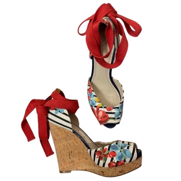 Nine West Shoes - NINE WEST Lovestory cherry floral canvas cork wedge platform sandals